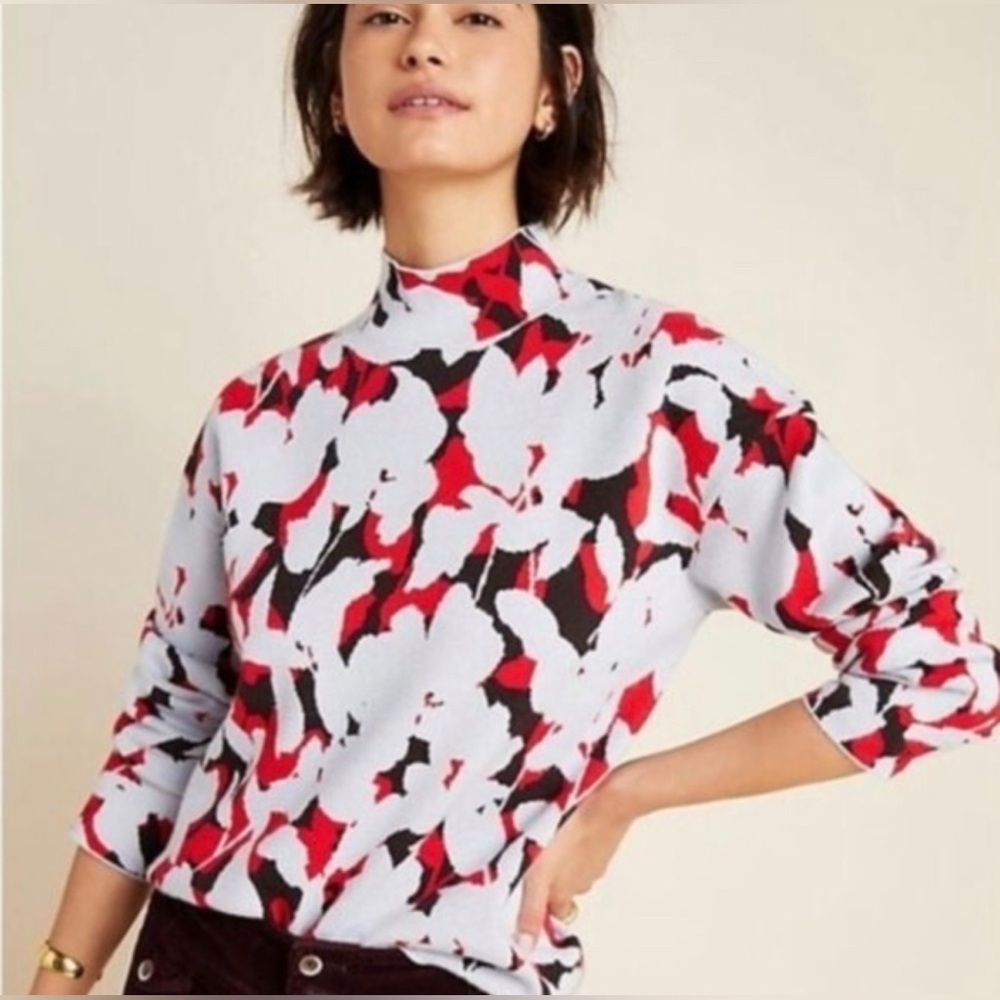 Anthropologie Red and Black Floral Sweater
